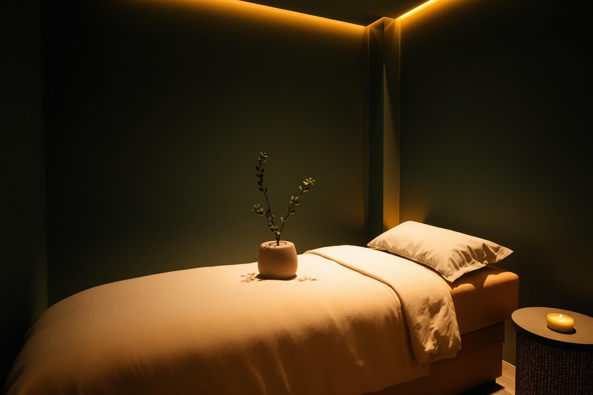 The cabin interior, softly lit
